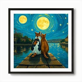 Two Cats Watching The Moon 1 Art Print