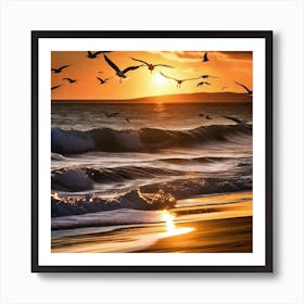 Seagulls At Sunset Art Print