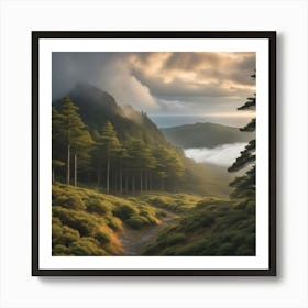 Sunrise In The Mountains, Pine trees Landscape Art Print