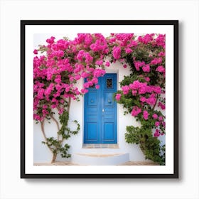 Blue Door With Pink Bougainvillea Flowers Art Print