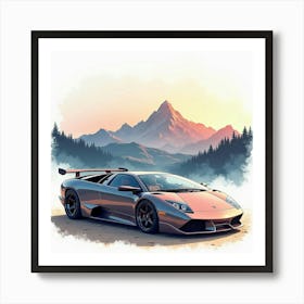 Lamborghini Murciélago With A Watercolor Scenic Mountain Range 1 Art Print