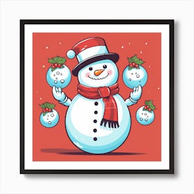 Snowman Holding Christmas Balls Art Print