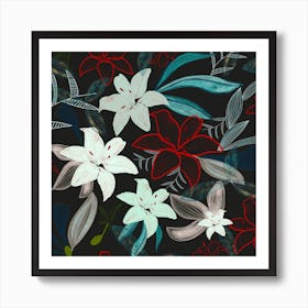 Jungle Warrior Exotic Lily Hand Painted Artistic Pattern Black Square Art Print