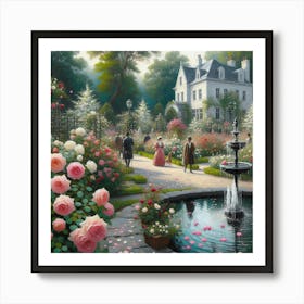 Rose Garden With The Fountain, Acrylic Style Painting 10 Art Print