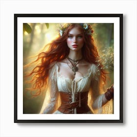 Red Haired Girl In The Forest Art Print