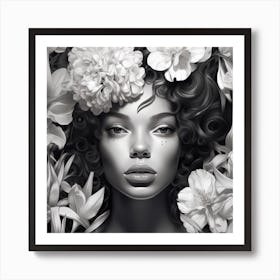 Black And White Portrait Of A Woman With Flowers Art Print