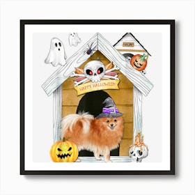 Halloween Pomeranian Dog Witch Haunted House Art Print