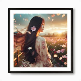 Asian Girl In Flower Field Art Print