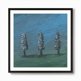 Three Trees - hand painted landscape square blue green plant Art Print