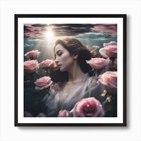 Tyndall Effect, A Beautiful Gregnent Women Lies Underwater In Front Of Pale Purpur Roses ,Sunbeams I Art Print