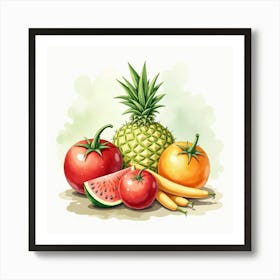 Charming Watercolor Scene Of Assorted Veggies And Fruits With A Lovely Background 1 Art Print