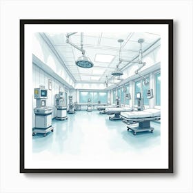 Modern Hospital In Watercolor, With Clean Lines And Advanced Medical Equipment Art Print