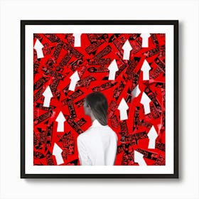 Abstract Illustration Of A Human Figure Pondering In A Sea Of White With Vivid Red Caution Signs Ch (7) Art Print