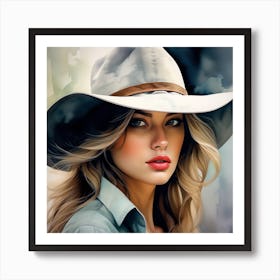 Beautiful Cowgirl with Hat - Watercolor Portrait Art Print