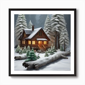 Small wooden hut inside a dense forest of pine trees with falling snow Art Print