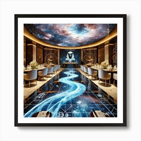 A Futuristic Dining Space With A Holographic Nile Art Print