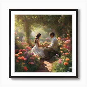 Couple of Lovers in a lush garden Art Print