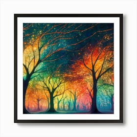 A captivating scene of trees that appear to be alive, with twinkling lights and vibrant 15 Art Print