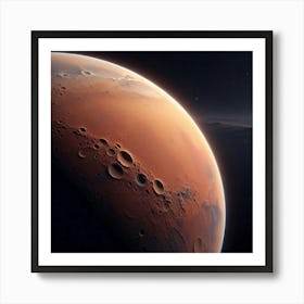 A beautiful and detailed image of the planet Mars, showing its surface and atmosphere, with a starry background and a bright, shining sun in the distance. Art Print
