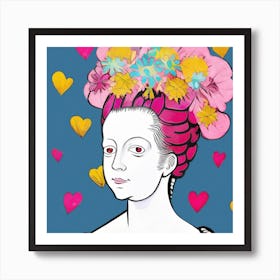 Lady of hearts With Flowers In Her Hair Art Print