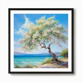 An Enchanting Impressionistic Painting That Masterfully Encapsulates A Pistachio Tree By The Sea (1) Art Print