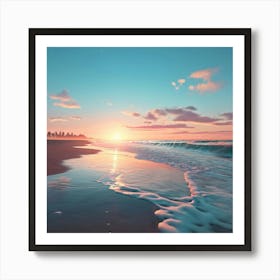 Deserted Beach Scene With Waves Crashing On The Shore Water In Pale Blue And Burnt Sienna Hues Art Print