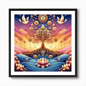 "Sanctity in Symmetry: The Bodhi Tree of Life" - This radiant artwork captures the essence of spiritual awakening and balance. The Bodhi tree, under which enlightenment was attained by the Buddha, is depicted with symmetrical grace, its leaves and branches adorned with sacred symbols from various traditions, creating a tapestry of universal spirituality. The serene waters and lotus flowers at the base symbolize purity and rebirth, while the ascending doves represent peace and the soul's ascension. The harmonious blend of warm sunset hues and cool twilight tones makes this piece a profound statement of unity and contemplation. Perfect for those seeking a centerpiece of tranquility and inspiration, this art is a sanctuary of visual harmony, inviting all who gaze upon it to a journey of inner peace and unity with the cosmos. Art Print
