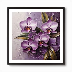 Purple orchid flower on tropical leaves in dew drops Art Print