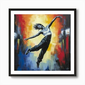 a vibrant and expressive portrait of a street dancer in mid-motion, surrounded by the dynamic energy of an urban environment. This lively and culturally infused art print is perfect for dance enthusiasts and those who appreciate the raw, artistic beauty of street dance, adding a touch of urban rhythm to home decor. Art Print