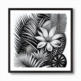 Black And White Tropical Leaves 1 Art Print