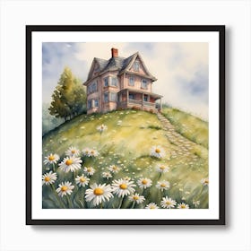 Watercolor Of A House With Daisies 1 Art Print