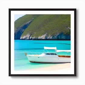 White Boat On The Beach Art Print