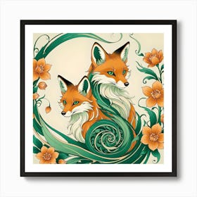 Two Foxes Between Orange Flowers and Green Spirals Art Print