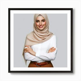 A photo of a young woman wearing a brown hijab with a white shirt and brown pants, with her arms crossed and a confident smile on her face Art Print