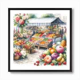 Lively and Charming - Watercolor Painting of a Flower and Fruit Market 1 Art Print