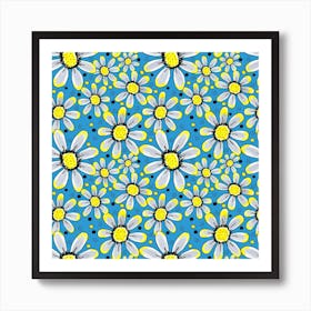 Cool Flower Garden Yellow Gray On Blue Art Print