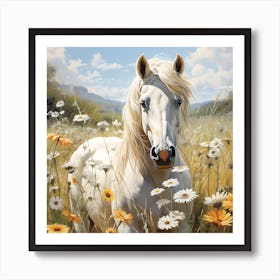 White Horse In Flower Meadow Art Print