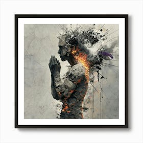 Surreal Collage Of Fragmenting Human Figure With Fiery Embers Art Print