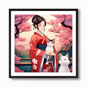 Japanese Girl With Cat Art Print 1 Art Print