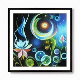 Abstract oil painting: Water flowers in a night garden 1 Art Print