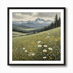 Vintage Oil Painting of Wild Flowers in a Meadow, Mountains in the Background 20 Art Print
