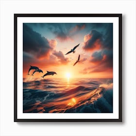 Sunset with Dolphins 2 Art Print