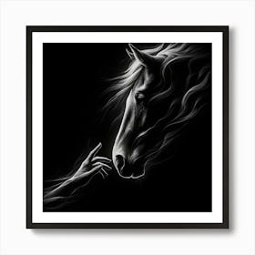 Horse With Hand On Black Background Art Print