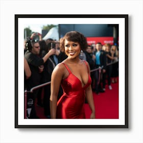 A Black Woman Voluptuous Sexy Wearing Red Latex Dress Long Looking Over Shoulder on the Red Carpet - Created by Midjourney Art Print