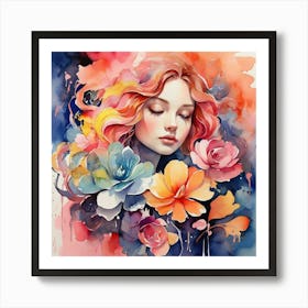 Watercolor Of A Girl With Flowers Art Print