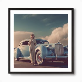 Portrait Of A Woman Standing Next To A Vintage Car Art Print