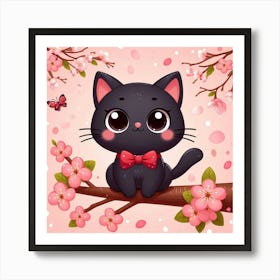 Cute Black Cat With Cherry Blossoms Art Print