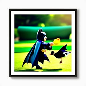 Batman playing with super duck Art Print