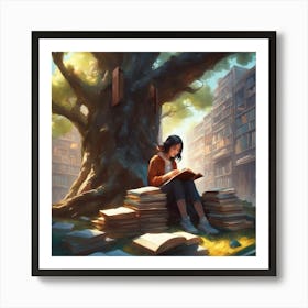 Girl Reading A Book in a tree library Art Print