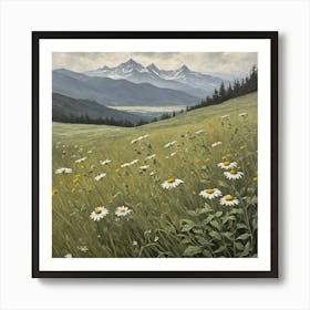 vintage oil painting of wild flowers in a meadow, mountains in the background 1 Art Print